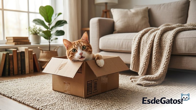 Un gato asomando la cabeza desde el interior de una caja de cartón en el salón de una casa cálida, mirada juguetona y cu