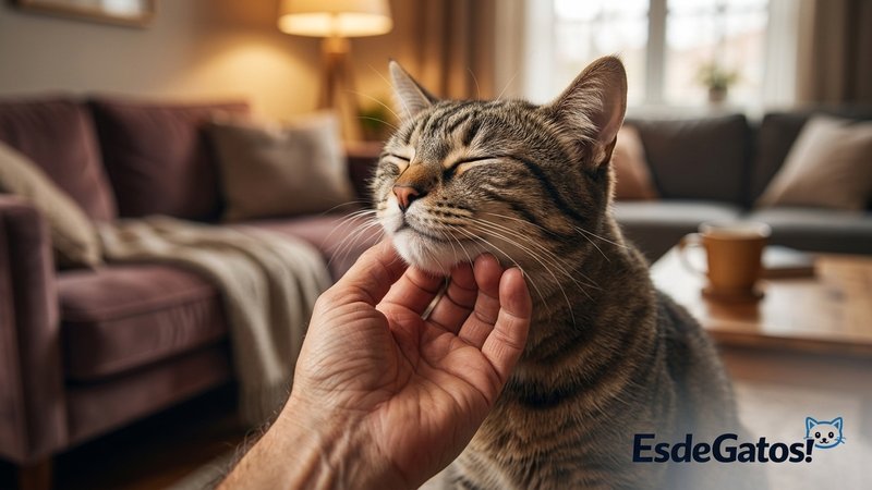 Una mano acariciando la barbilla de un gato que cierra los ojos de gusto y empuja la cara contra los dedos, en el salón