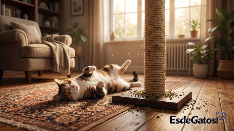 Un gato revolcándose feliz junto a un rascador de sisal alto y estable espolvoreado con hierba gatera, en el salón cálid