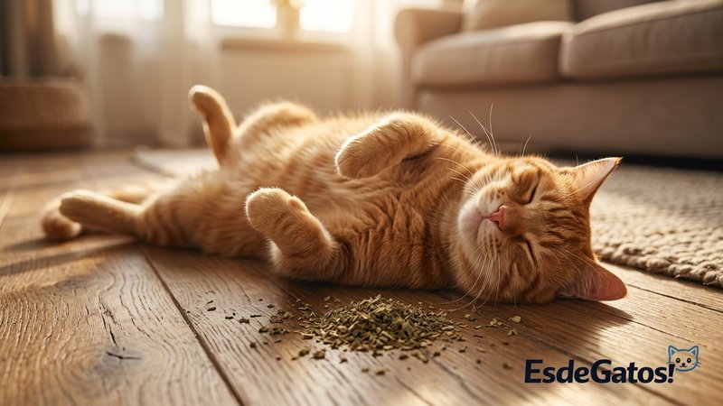 Un gato revolcándose feliz y relajado sobre el suelo de madera de un salón cálido junto a un pequeño montón de hierba ga