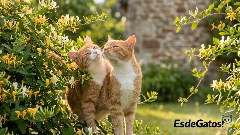 Un gato frotando la cabeza y el cuerpo con placer contra los arbustos de madreselva de un jardín soleado junto a la casa