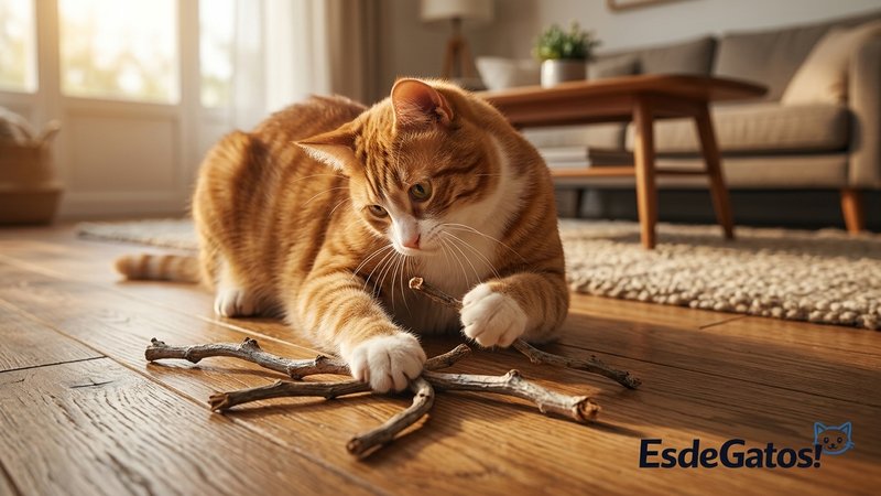 Un gato jugando entusiasmado con unos palitos secos naturales de silver vine sobre el suelo de una sala de estar cálida,