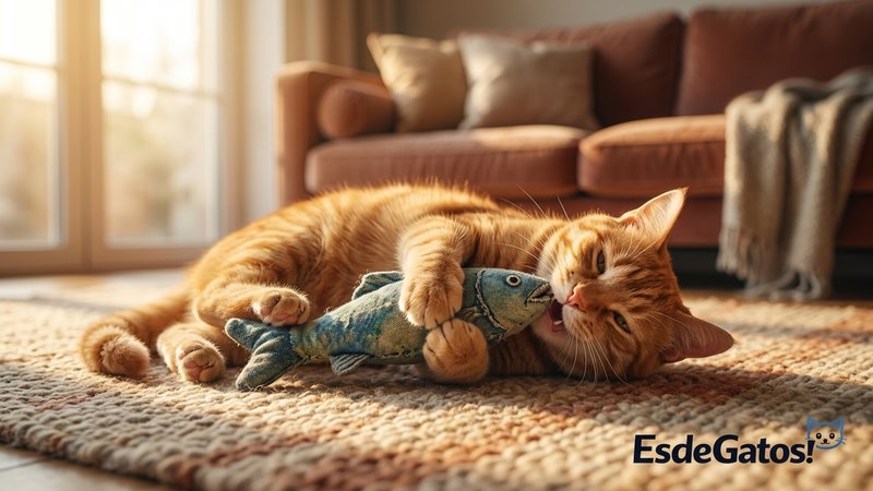 Un gato boca arriba abrazando con las patas delanteras un juguete de tela relleno de valeriana y mordisqueándolo con ene