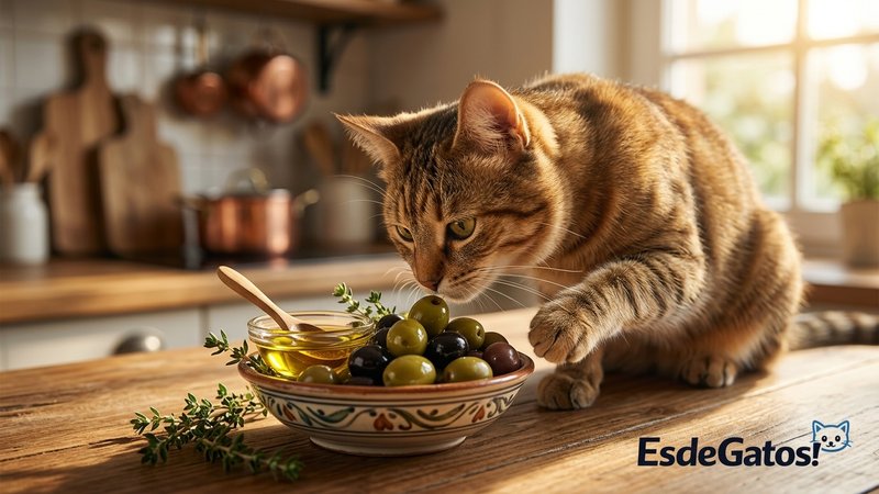 Un gato curioso estirando el cuello para olfatear e intentar mordisquear unas aceitunas y un pequeño cuenco de aceite de
