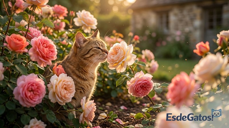 Un gato oliendo con delicadeza y jugueteando entre las rosas de un rosal en un jardín tranquilo junto a la casa, rodeado