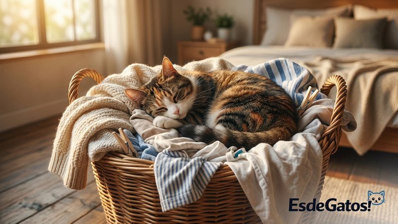 Un gato acurrucado plácidamente dentro de un cesto de ropa recién lavada, entre prendas suaves, con los ojos entornados