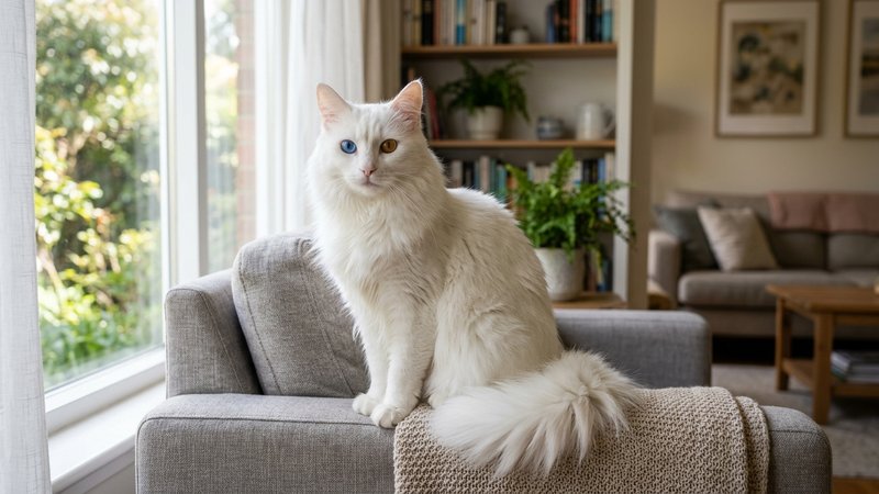 Un elegante gato angora turco blanco de pelo largo y sedoso, con un ojo azul y otro ambar, sentado con porte distinguido