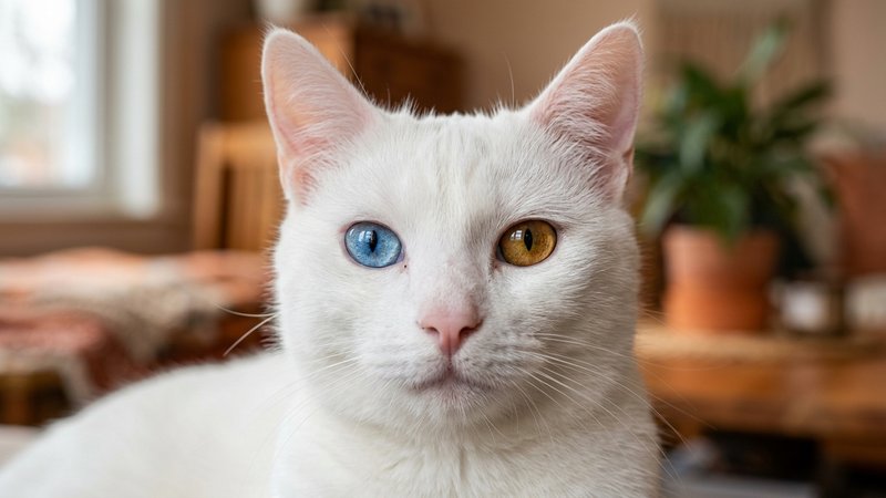 Un gato blanco de pelo largo y fino reposando sobre un mueble clasico de madera en una estancia antigua y elegante, luz