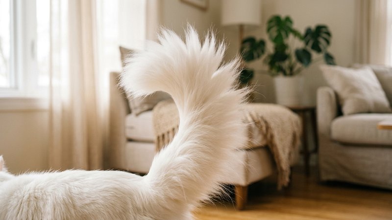 Un gato angora turco blanco de cuerpo esbelto y atletico de pie sobre un suelo de madera, mostrando su silueta estilizad