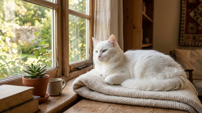 Un primer plano de la cola larga y muy poblada de un gato blanco de pelo sedoso erguida como un penacho de plumas, con e