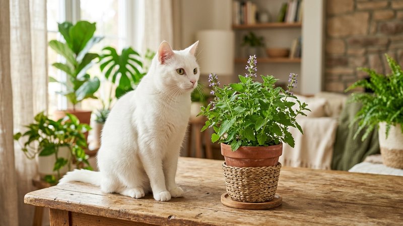 Un gato angora turco blanco encaramado en una repisa alta de un salon, observandolo todo desde arriba con mirada despier