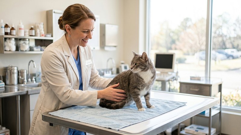 Un veterinario con bata clara auscultando con suavidad a un gato gris sobre una mesa de consulta limpia y luminosa, ambi
