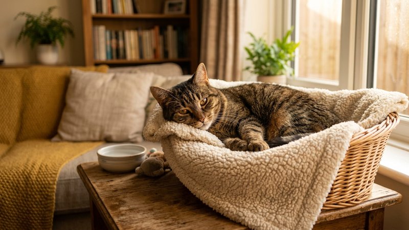 Un gato marron descansando en una cesta acolchada mientras se recupera en un salon hogareño tranquilo, mirada algo cansa