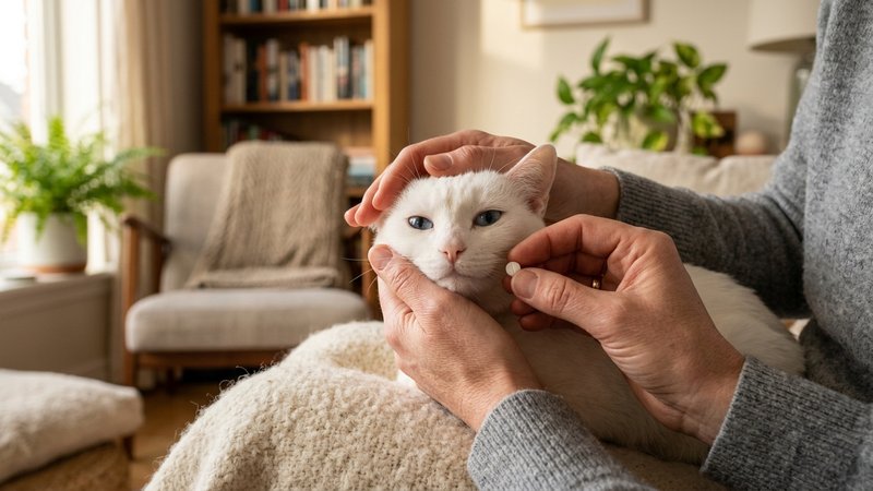 Unas manos humanas sujetando con suavidad la cabeza de un gato blanco para darle una pastilla en un salon hogareño, gest