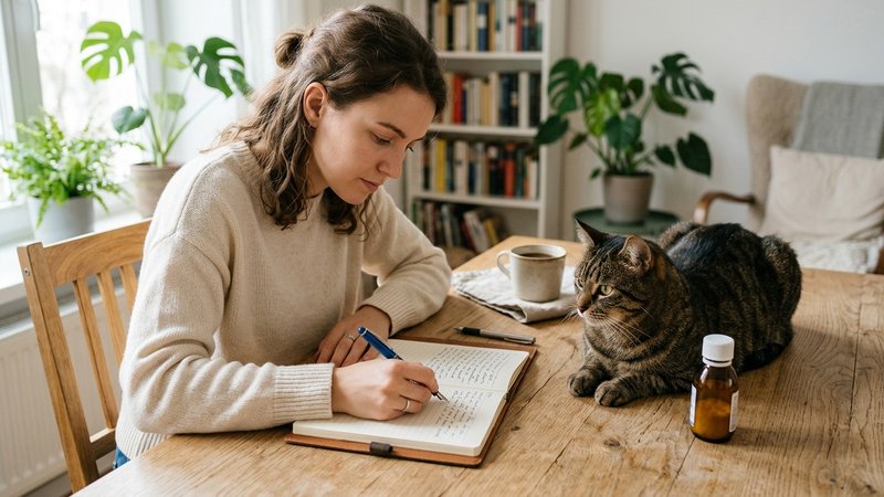 Una persona anotando en un cuaderno junto a un gato atigrado y un frasco de medicamento sobre una mesa de madera en un h
