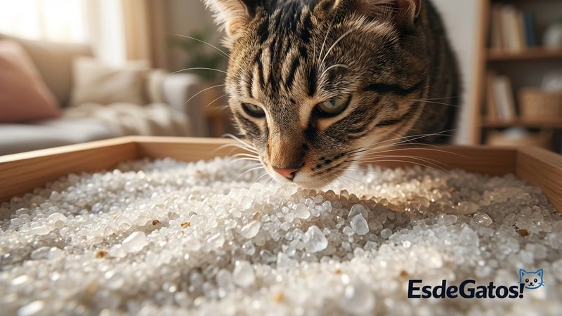 Un primer plano de arena de silice en cristales blancos y translucidos dentro de un arenero limpio, con un gato atigrado