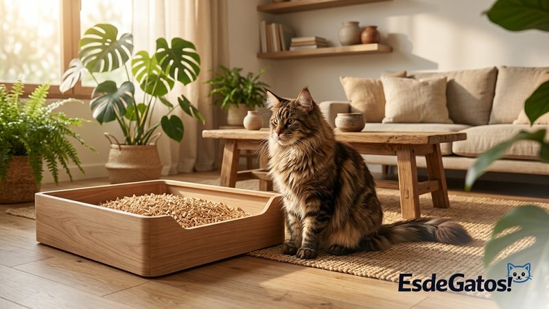 Un gato de pelo largo con las patas limpias junto a un arenero con arena ecologica de fibras de madera clara, en un salo