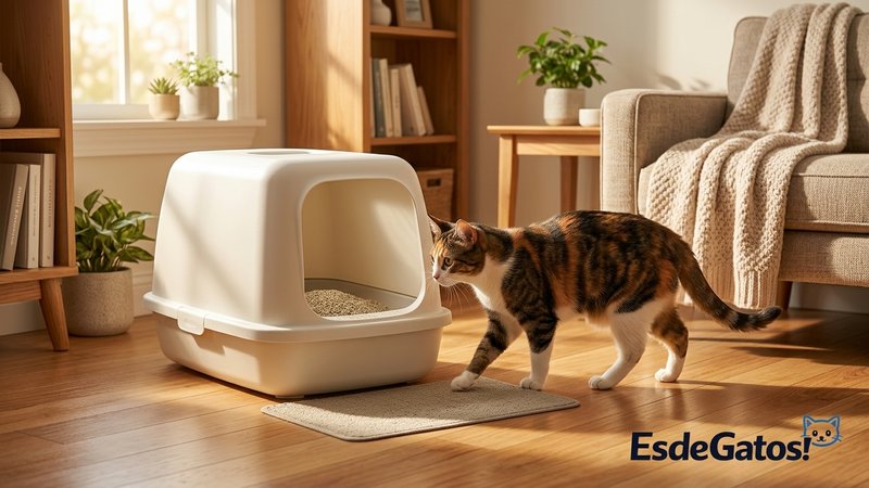 Un gato acercandose con cautela a un arenero limpio en una sala hogareña y luminosa, mostrando interes y confianza, luz