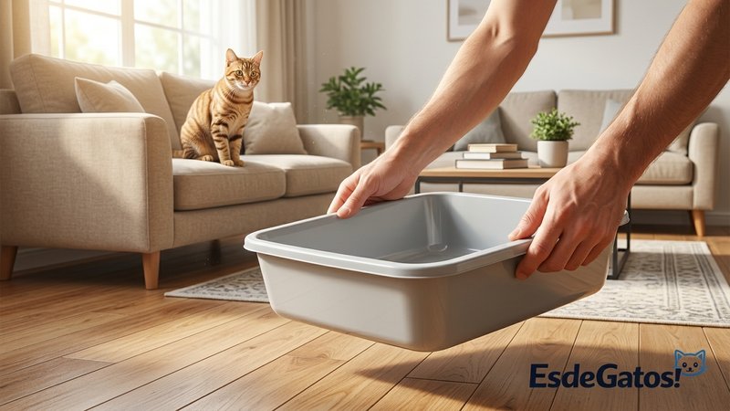 Unas manos colocando una bandeja de arenero nueva y limpia sobre el piso de una sala calida y luminosa, un gato observan