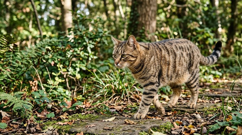 Un gato atigrado con finas rayas verticales tipo caballa bajando por sus costados, parecido a un pequeño tigre, sobre un