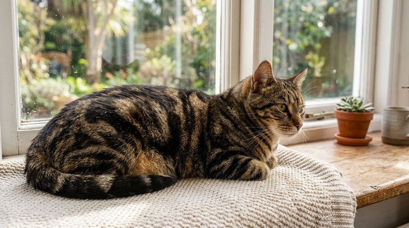 Un gato atigrado clásico con anchos remolinos curvos tipo mármol en el costado, recostado a la luz natural de una ventan