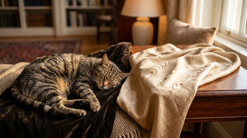 Una tela de seda con vetas onduladas junto a un gato atigrado recostado, evocando el parecido entre ambos veteados, luz