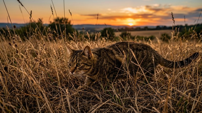 Un gato atigrado agazapado y camuflado entre la hierba seca al atardecer, en actitud de acecho, luz dorada y crepuscular