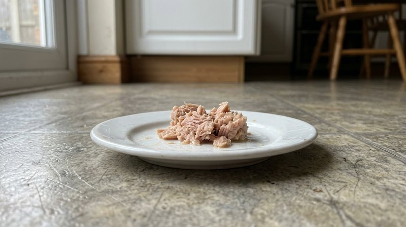 Una pequeña porción de atún desmenuzado en un platito blanco de cerámica sobre el suelo de una cocina, primer plano deta