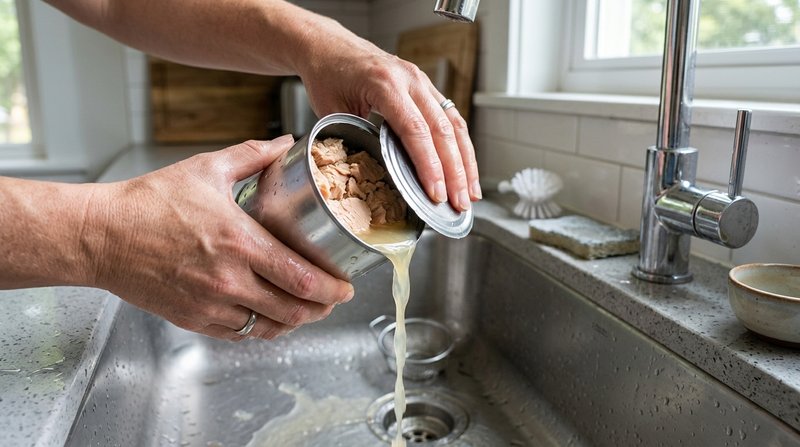 Unas manos escurriendo el líquido de una lata de atún al natural sobre el fregadero de una cocina, lata metálica lisa si