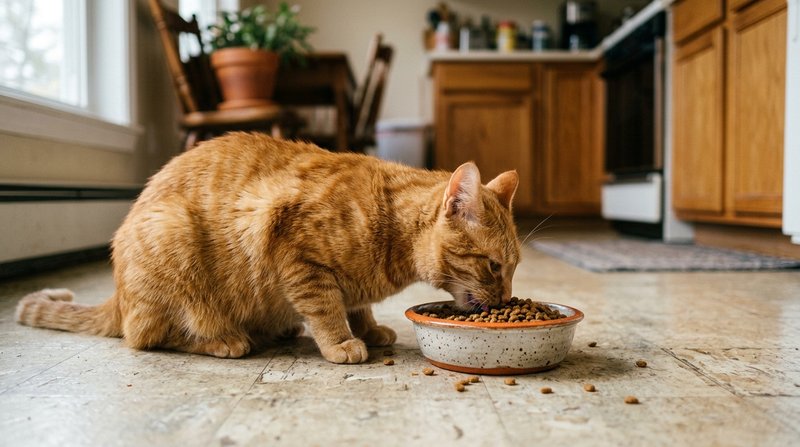 Un gato naranja comiendo pienso seco de un cuenco de cerámica en el suelo de una cocina, postura relajada y concentrada,