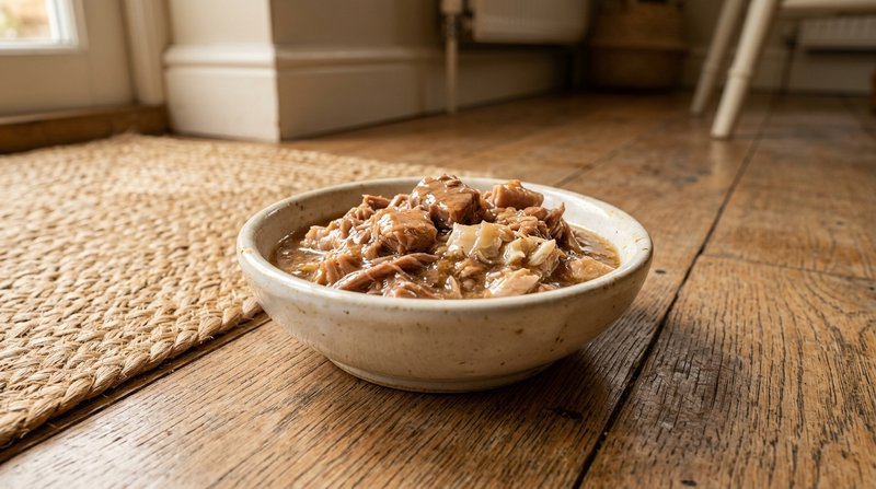 Un cuenco de comida húmeda para gatos con trocitos de pescado en salsa, colocado sobre el suelo junto a un mantel indivi