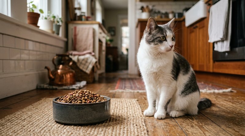 Un gato blanco y gris sentado frente a su cuenco lleno de pienso sin tocarlo, con la mirada girada hacia la cocina como