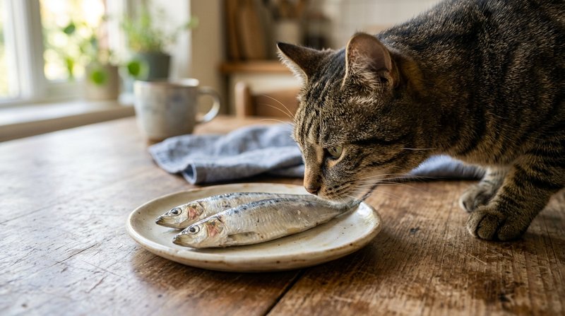 Dos sardinas al natural bien escurridas en un plato pequeño sobre una mesa de madera, con un gato atigrado olfateándolas