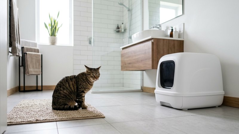 Un gato atigrado sentado a cierta distancia observando con desconfianza un arenero automático blanco sin marcas, orejas