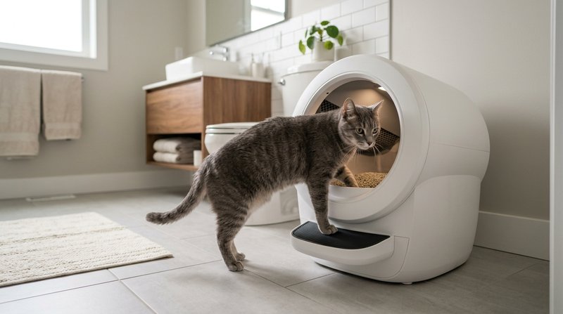 Un gato gris entrando en un arenero automático blanco sin marcas, con las patas delanteras dentro y actitud tranquila, b