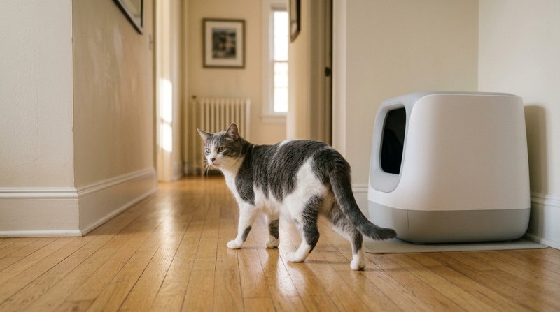 Un gato blanco y gris alejándose de un arenero automático sin marcas por el pasillo de una casa, girando la cabeza con r