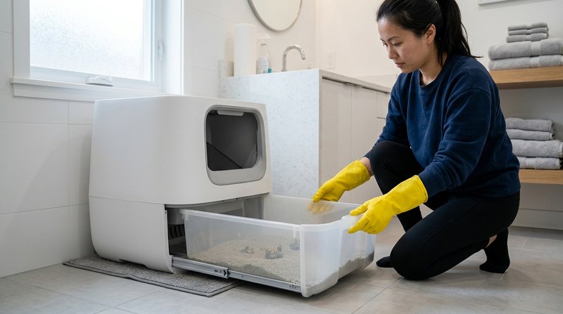 Una persona con guantes de limpieza retirando el cajón inferior de un arenero automático sin marcas para vaciarlo, escen
