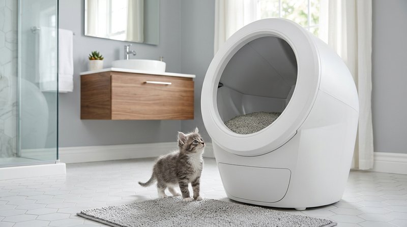 Un gatito pequeño de pie junto a un arenero automático blanco sin marcas que lo supera claramente en tamaño, baño lumino
