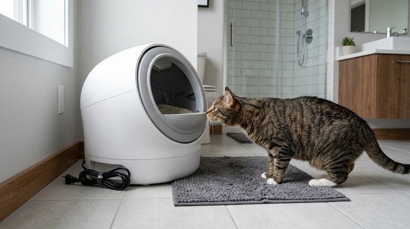 Un arenero automático nuevo sin marcas recién colocado en un baño moderno, desenchufado y con el cable recogido, mientra