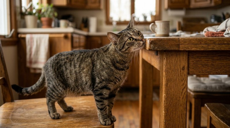 Gato atigrado estirando el cuello para olfatear el borde de una mesa de comedor de madera, expresión curiosa, cocina hog