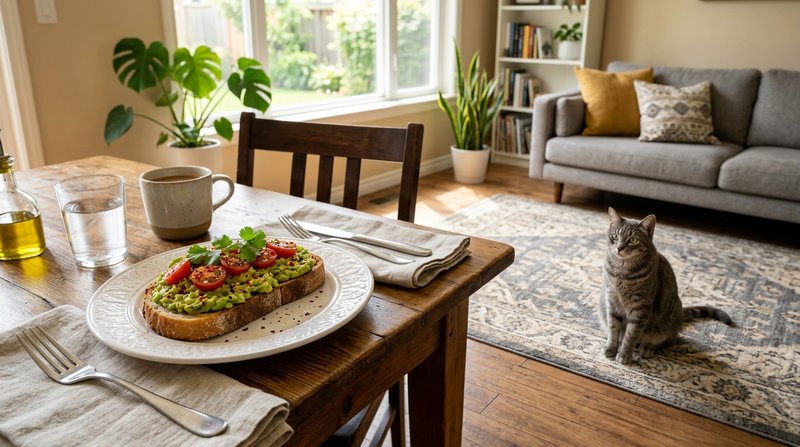 Plato con una tostada de pan untada con aguacate sobre una mesa de comedor y un gato gris sentado en el suelo a cierta d