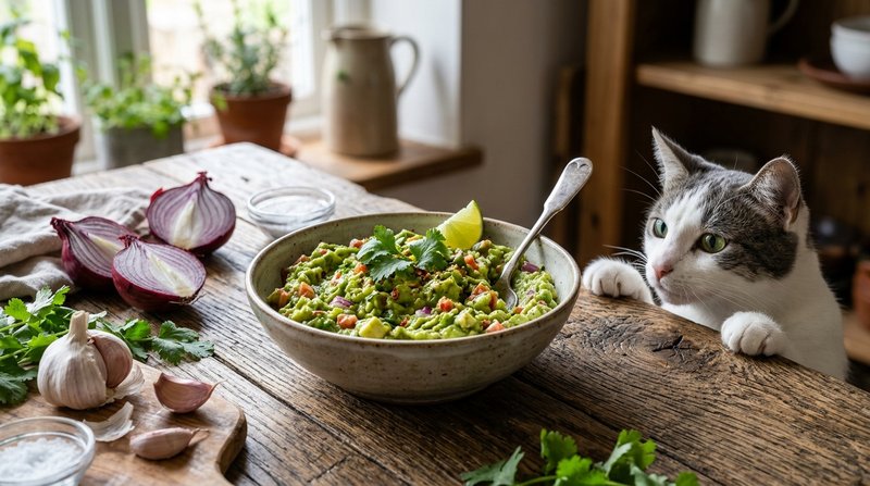 Cuenco de cerámica con guacamole recién hecho sobre una mesa de madera, con cebolla y ajo alrededor, y un gato blanco y