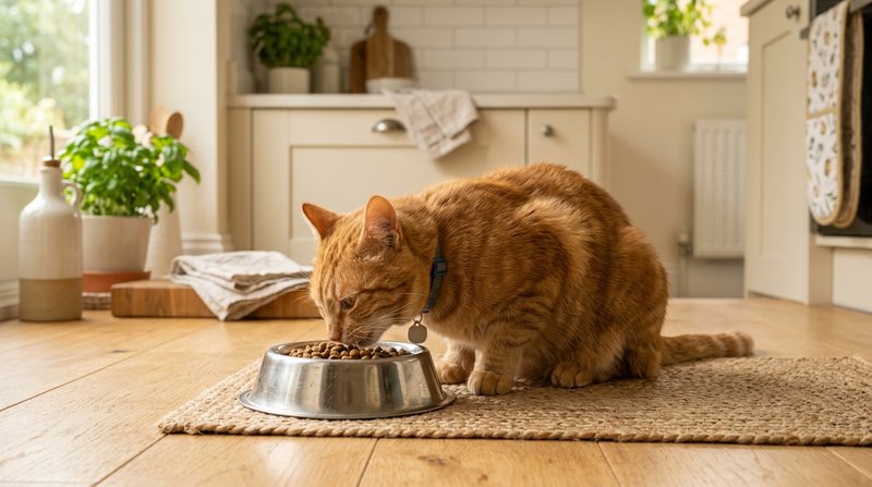 Gato naranja comiendo tranquilo de su comedero de acero en el suelo de una cocina hogareña, ambiente limpio y ordenado,