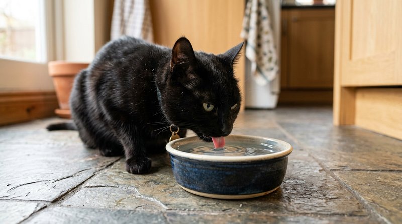 Gato negro bebiendo agua de un bol de cerámica en el suelo de una cocina, la lengua rozando la superficie del agua, luz