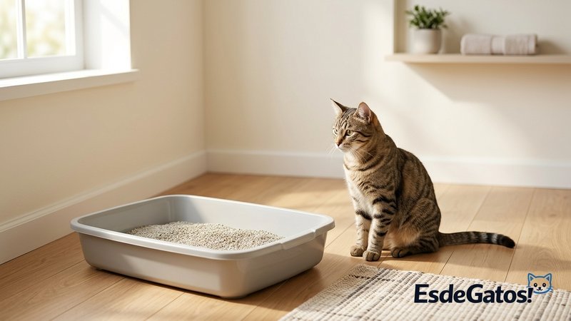 Una bandeja de arena impecablemente limpia en un rincón ordenado del hogar, con una gata cerca