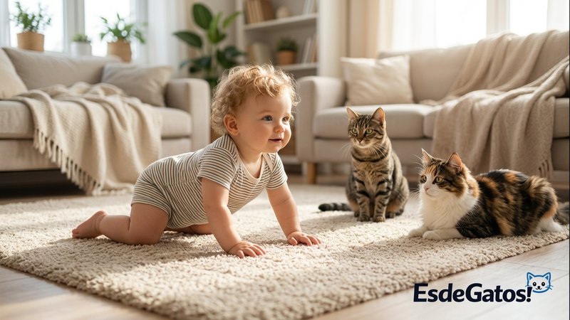 Un bebé gateando por la alfombra de un salón luminoso mientras dos gatos tranquilos lo observan cerca