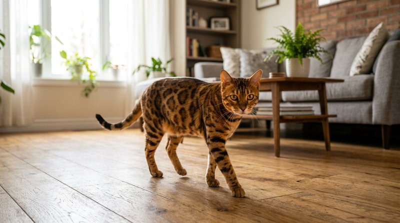 Un gato bengalí adulto de manto dorado cubierto de rosetas oscuras bien contrastadas, cuerpo atlético y musculado, camin