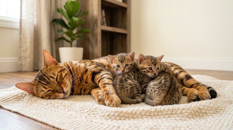 Una gata bengalí de rosetas doradas tumbada sobre una manta clara junto a tres cachorros de pocas semanas con el manto m