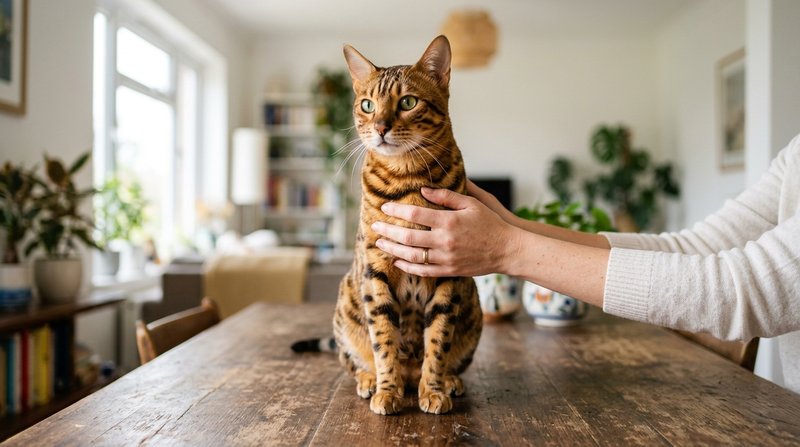 Un gato bengalí adulto de rosetas marcadas sentado muy erguido y atento sobre una mesa de madera, mientras unas manos lo