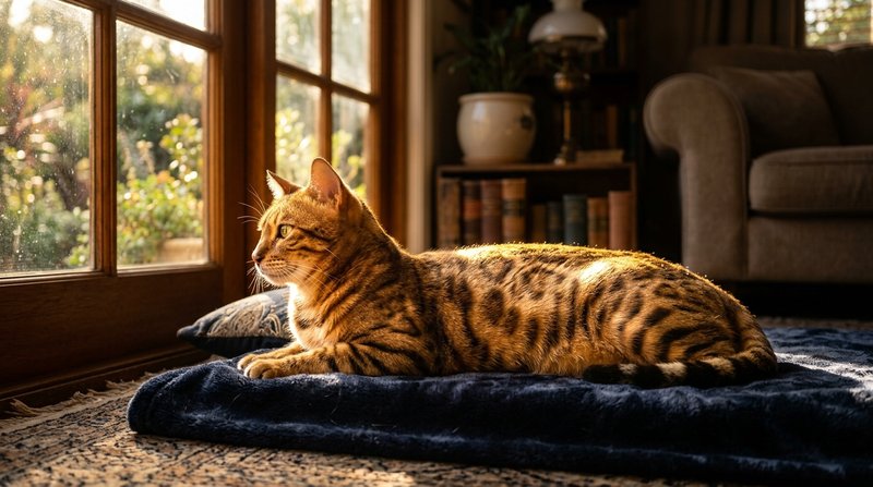 Un gato bengalí de manto dorado tumbado a contraluz junto a una ventana, con las puntas del pelo brillando como polvo de